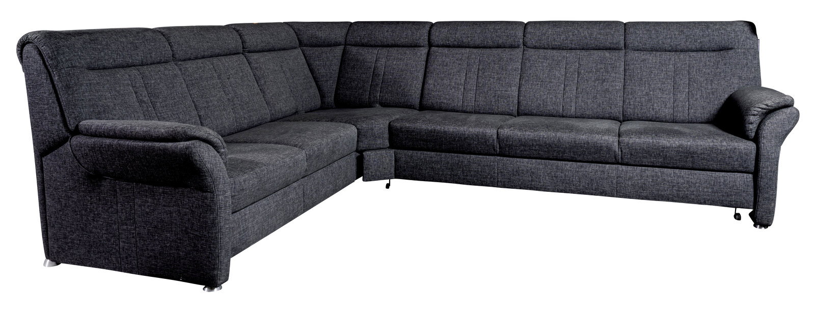 Graue Polsterrundecke in L-Form, seitliche Perspektive