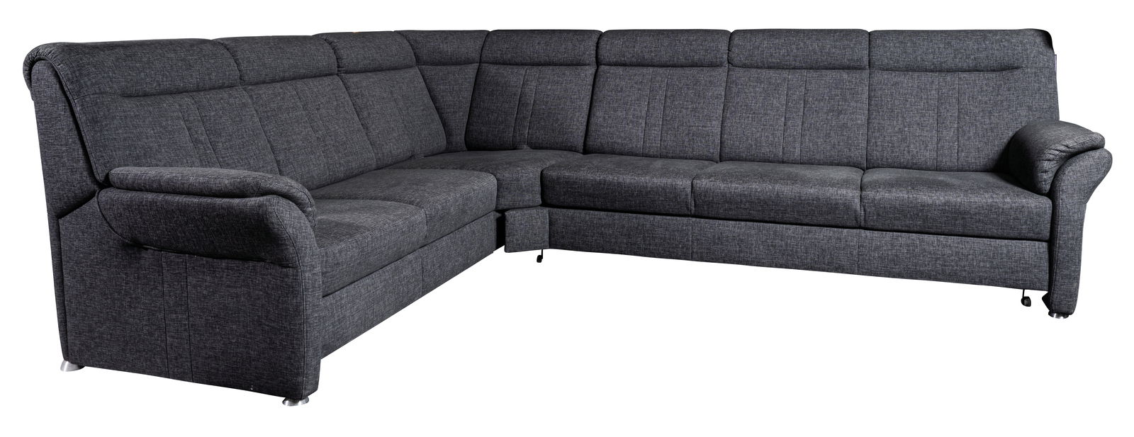 Graue Polsterrundecke in L-Form, seitliche Perspektive