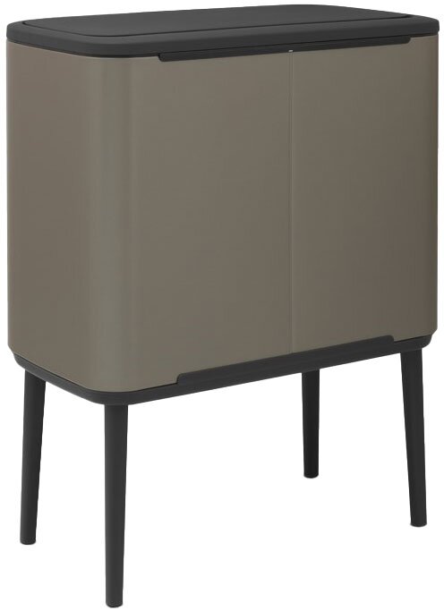 Moderner Abfalleimer mit rechteckigem Design, grauer Korpus und schwarzem Deckel, auf vier schlanken Beinen, seitliche Perspektive.