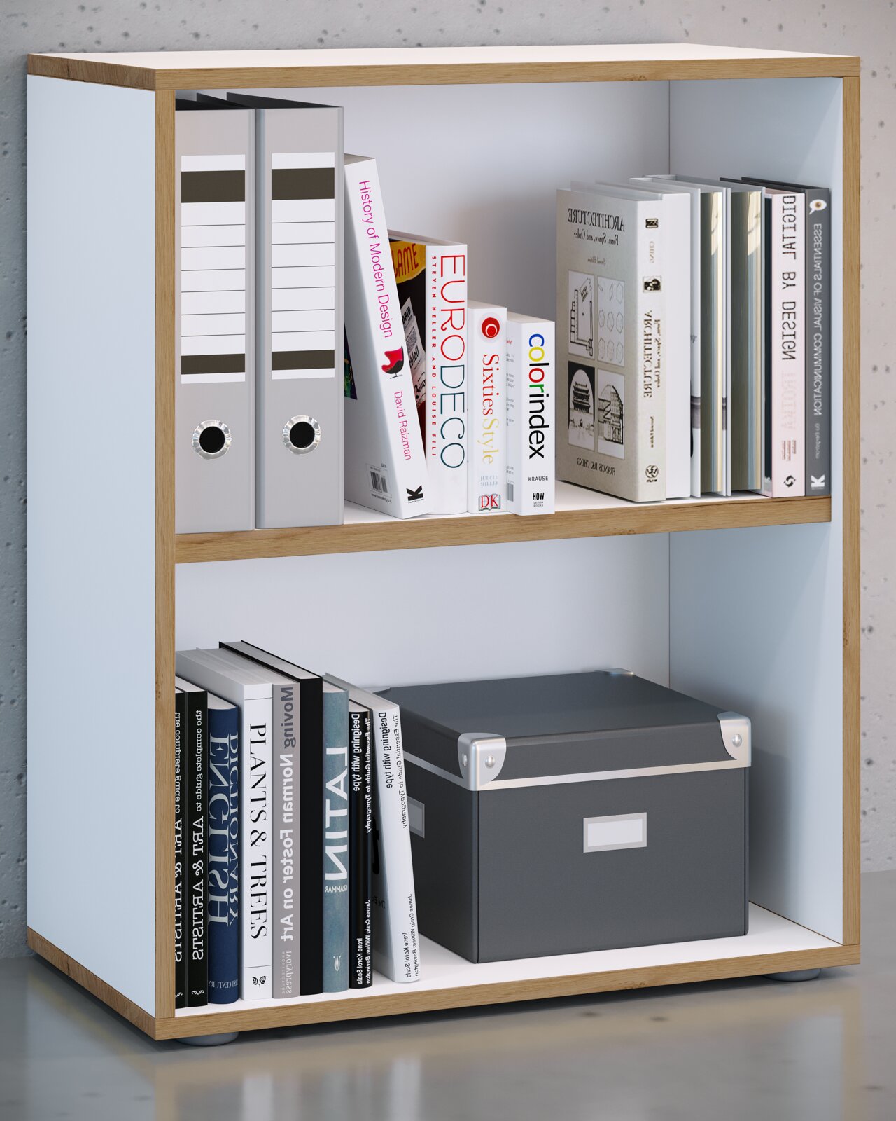 VCM Büroregal SALIA Modernes, zweitüriges Bücherregal mit weißem Korpus und Holzrahmen, gefüllt mit Ordnern und Büchern sowie einer schwarzen Aufbewahrungsbox; Ansicht schräg von vorne links.