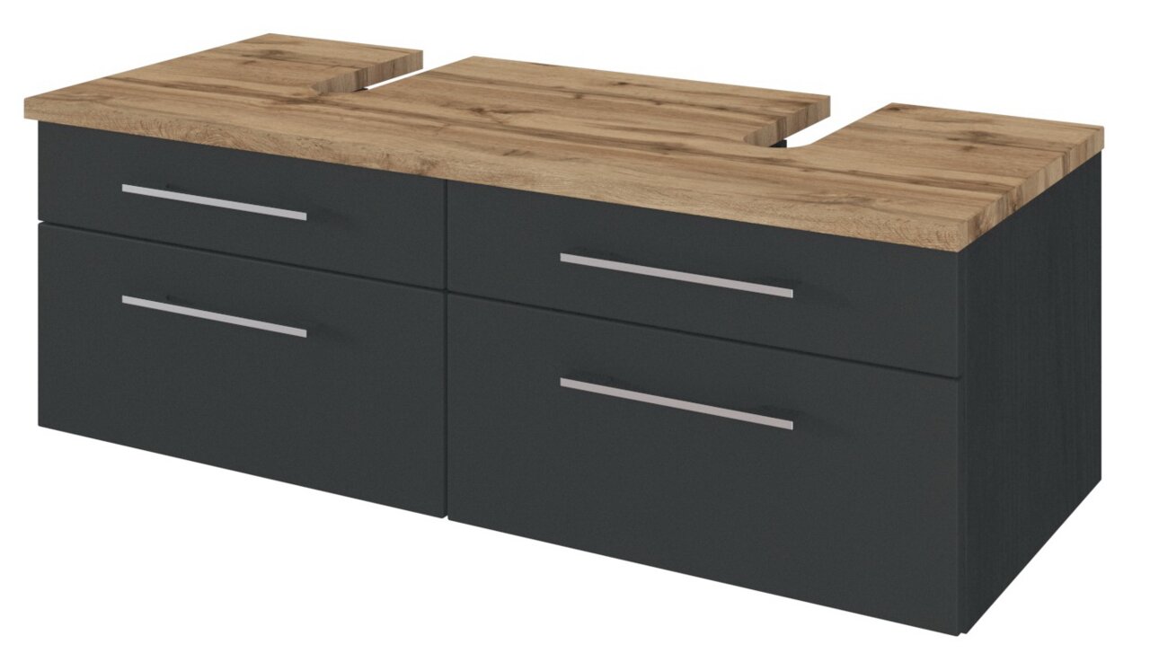 XORA Waschbeckenunterschrank DAVOS Moderner Waschbeckenunterschrank mit dunklen Schubladen und Holzoberfläche, perspektivisch von vorne rechts betrachtet.