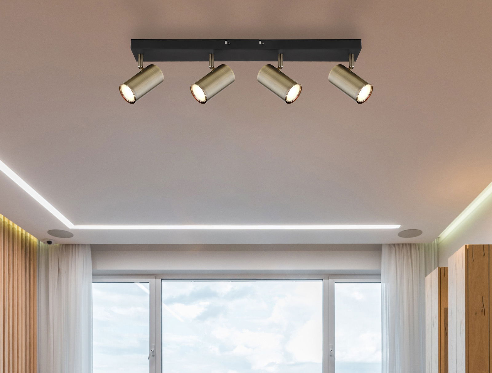 Globo Lighting Strahler 4-flg. ROBBY Deckenstrahler in Altmessing mit vier verstellbaren Spots, Perspektive von unten