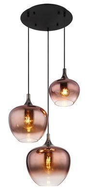 Dreiflammige Hängeleuchte MAXY mit rauchfarbenen Glaskugeln, seitliche Perspektive