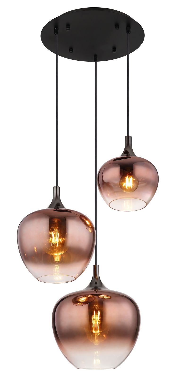 Dreiflammige Hängeleuchte MAXY mit rauchfarbenen Glaskugeln, seitliche Perspektive