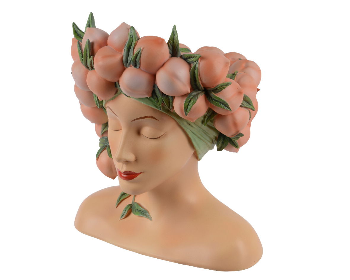 Blumentopf in Form eines Frauenkopfes mit geschlossenen Augen, dekoriert mit Pfirsichen und Blättern als Haarschmuck, seitliche Perspektive