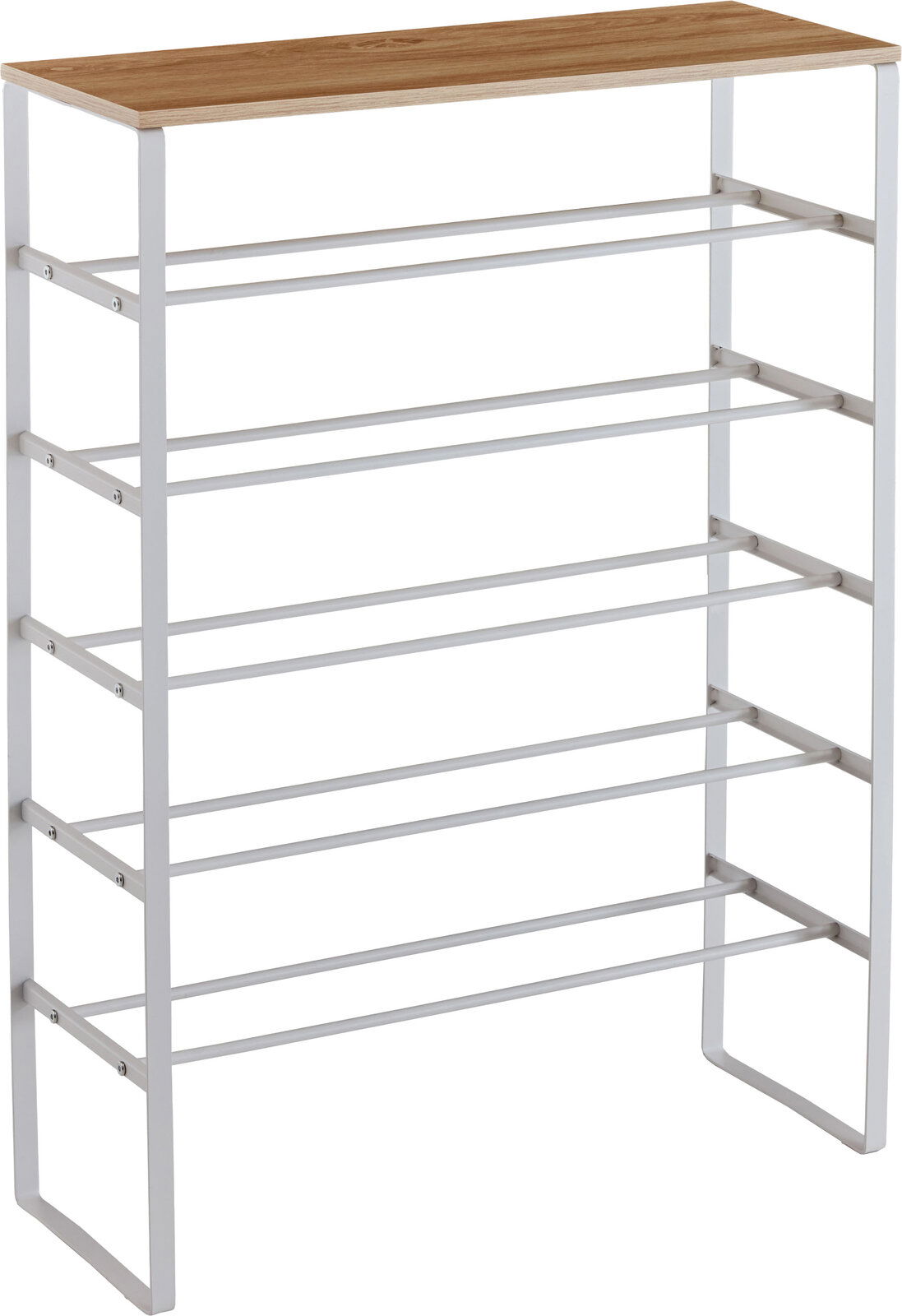 Weißes Schuhregal aus Metall mit Holzoberplatte, freistehend mit mehreren Ablageebenen, in schräger Frontansicht von oben fotografiert