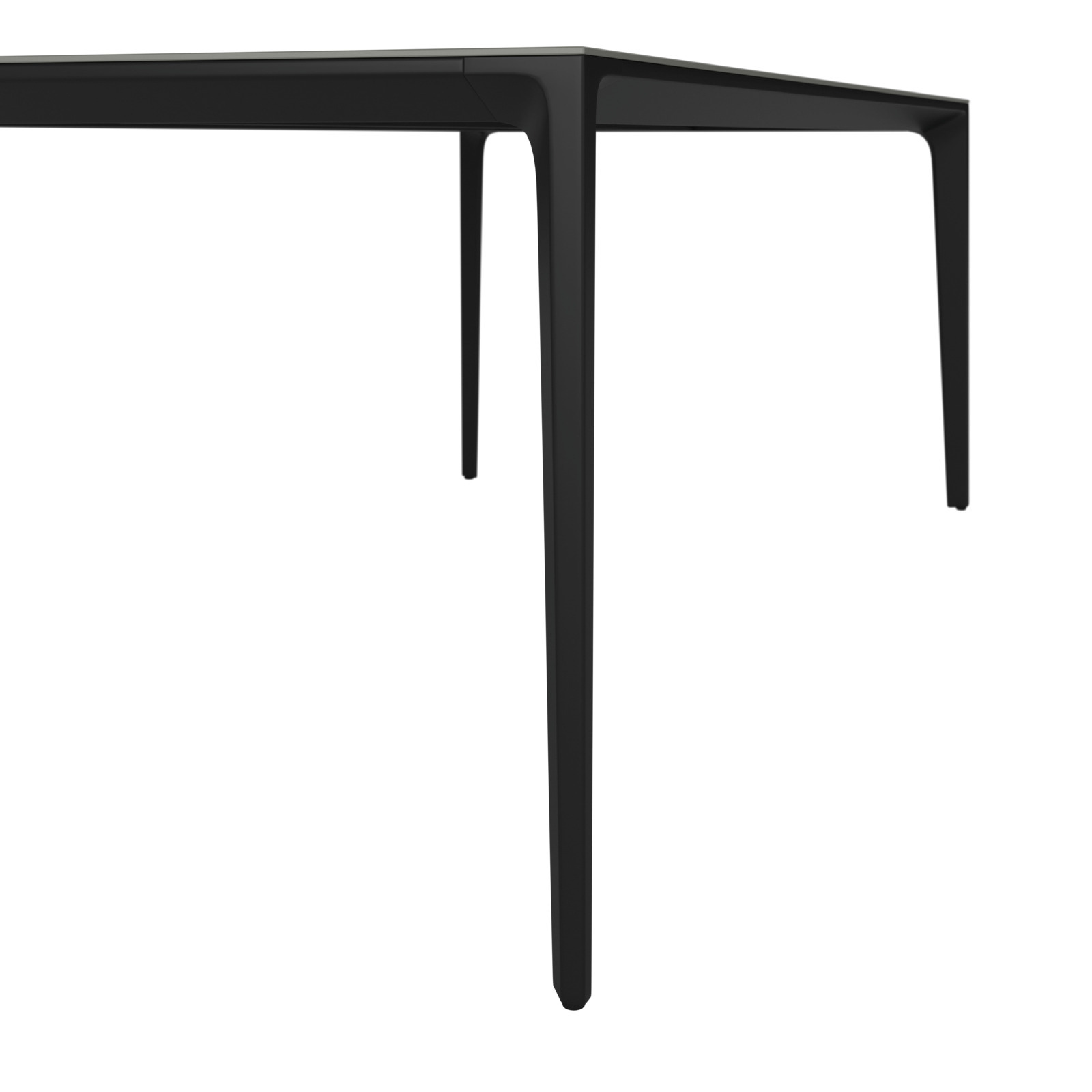 Moderner schwarzer Gartentisch aus seitlicher Perspektive