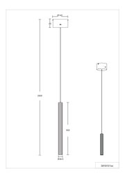 Technische Zeichnung einer schlanken Pendelleuchte mit zylindrischem, geriffeltem Leuchtenkörper (Ø 39,5 mm, Höhe 500 mm) an langem Kabel; Gesamtpendellänge 2000 mm, Deckenbaldachin Ø 145 mm und 80 mm hoch – Ansicht von vorne und seitlich.