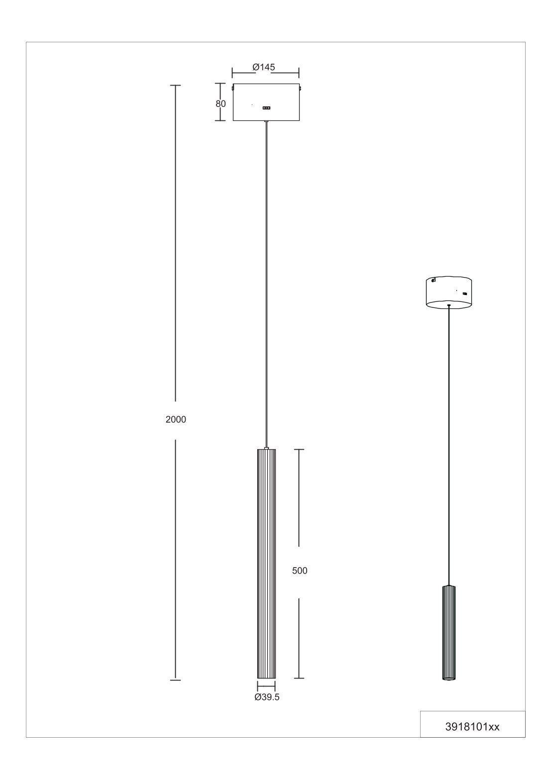 Technische Zeichnung einer schlanken Pendelleuchte mit zylindrischem, geriffeltem Leuchtenkörper (Ø 39,5 mm, Höhe 500 mm) an langem Kabel; Gesamtpendellänge 2000 mm, Deckenbaldachin Ø 145 mm und 80 mm hoch – Ansicht von vorne und seitlich.