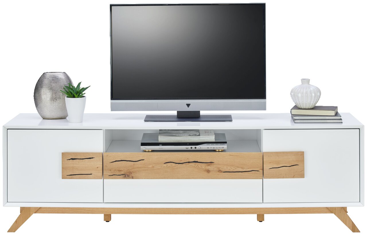 XORA TV-Lowboard MOOVE Frontale Ansicht eines modernen TV-Lowboards in Weiß mit Holzdetails, dekoriert mit Pflanzen und Büchern, und einem Fernseher darauf.