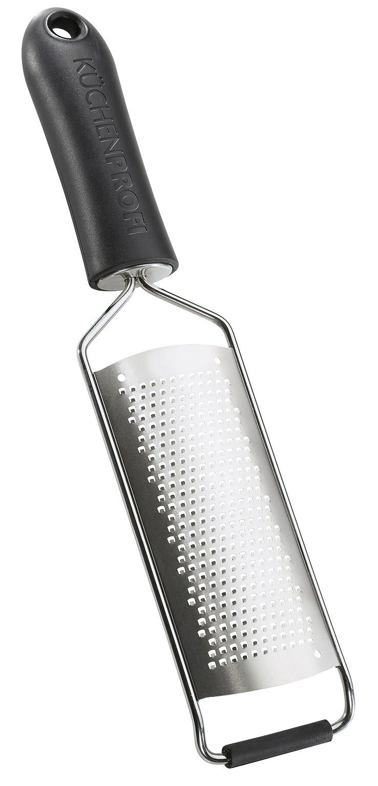 Feine Küchenreibe mit schwarzem Griff, seitliche Perspektive