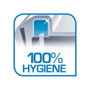 Illustration eines blauen Clips mit der Aufschrift '100% Hygiene', Vorderansicht.