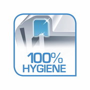 Illustration eines blauen Clips mit der Aufschrift '100% Hygiene', Vorderansicht.