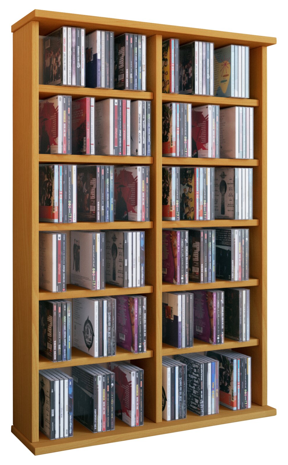 Hohes Holz-CD-Regal mit mehreren Fächern, befüllt mit CDs, in leicht schräger Frontansicht (3/4-Perspektive) vor weißem Hintergrund.