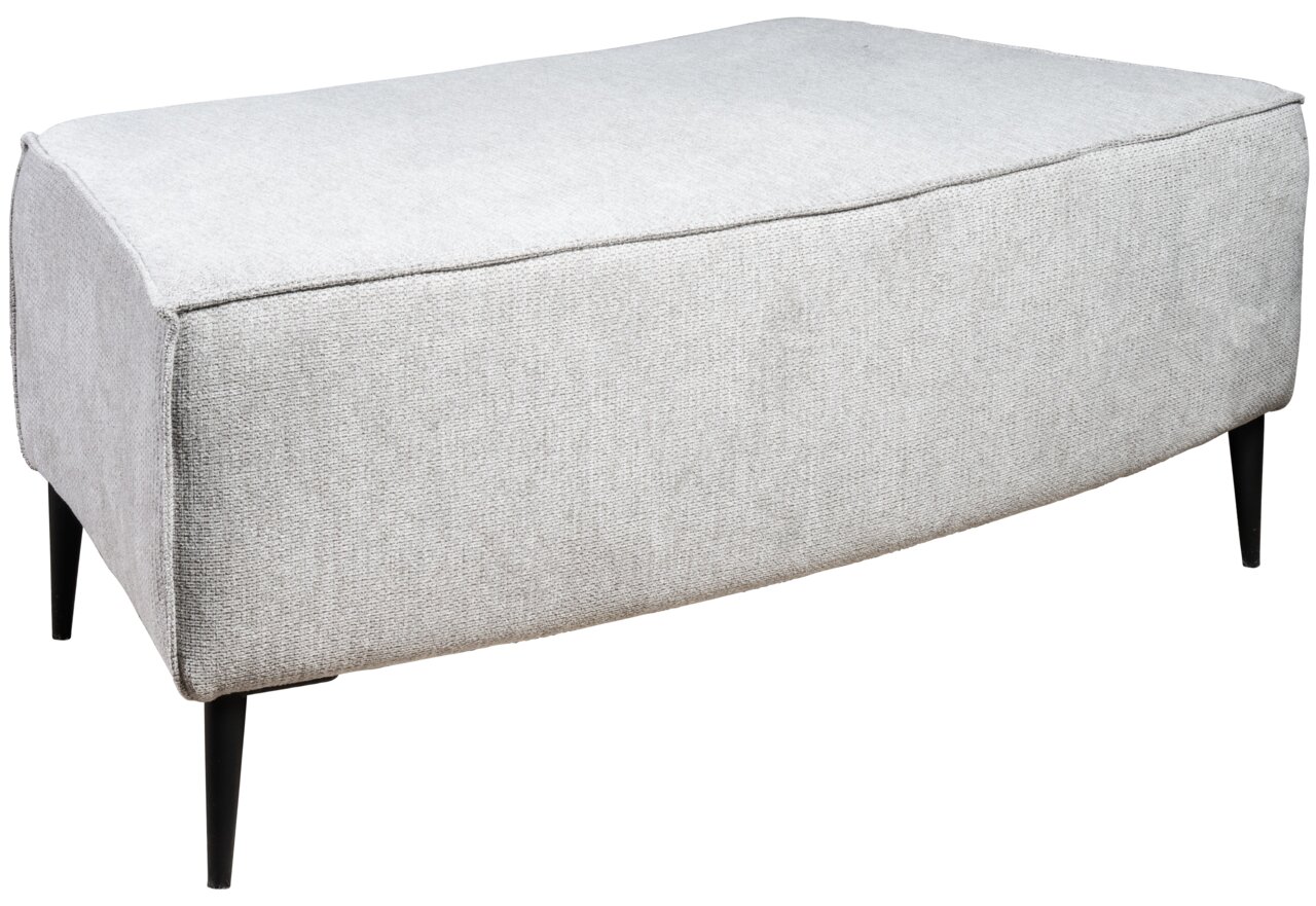 Grauer Hocker mit schwarzem Metallgestell, seitliche Perspektive