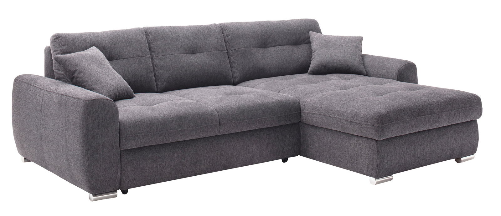 Graues Ecksofa mit zwei Kissen, Perspektive von vorne rechts