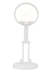 LED-Schreibtischleuchte in weißer Farbe, frontal abgebildet mit rundem Leuchtkopf und verstellbarem Arm.