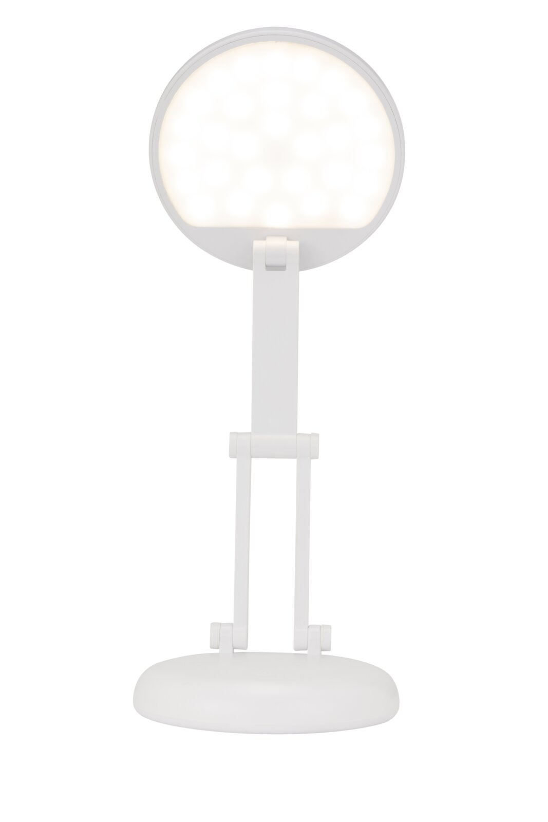 LED-bureaulamp in de kleur wit, hier afgebeeld van voren, met een ronde lampkop en een verstelbare arm.