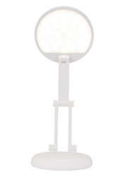 LED-Schreibtischleuchte in weißer Farbe, frontal abgebildet mit rundem Leuchtkopf und verstellbarem Arm.