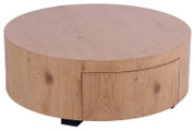 Runder Couchtisch aus Holz mit natürlicher Maserung, seitliche Perspektive