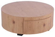 Runder Couchtisch aus Holz mit natürlicher Maserung, seitliche Perspektive