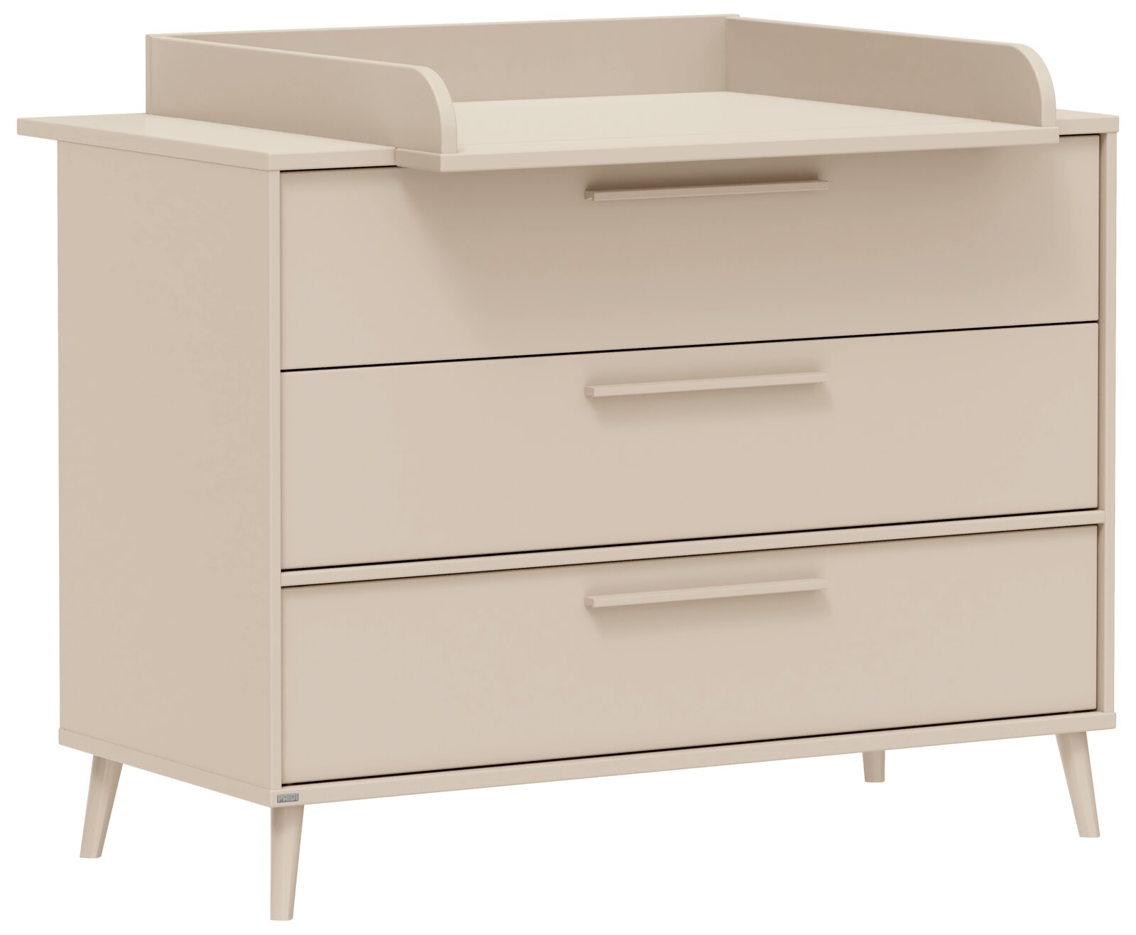 Beige Wickelkommode mit drei Schubladen, abgerundeten Seitenteilen und schrägen Holzfüßen, in frontaler leicht schräger Ansicht von links.