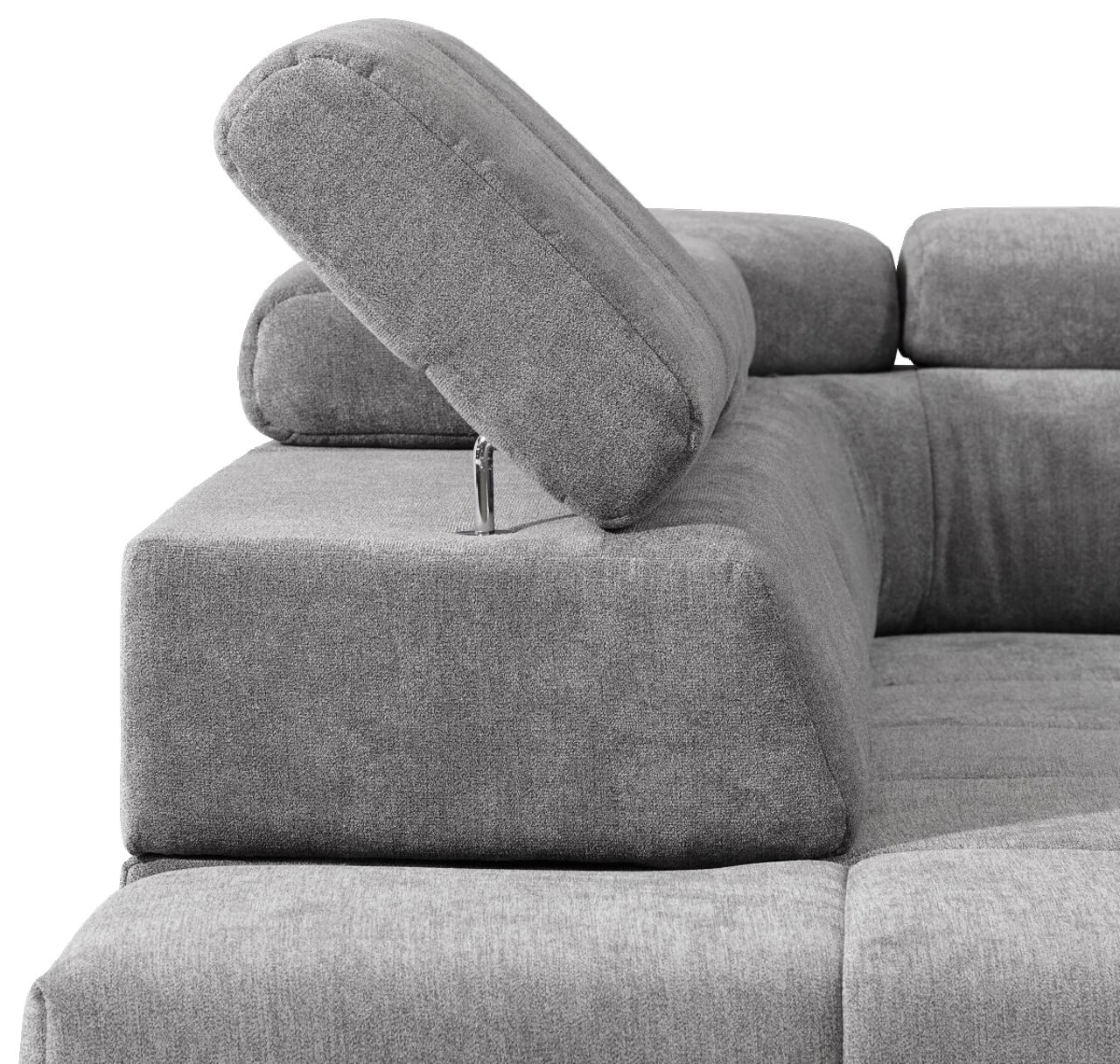 Graues Sofa mit verstellbarer Kopfstütze, Perspektive von der Seite