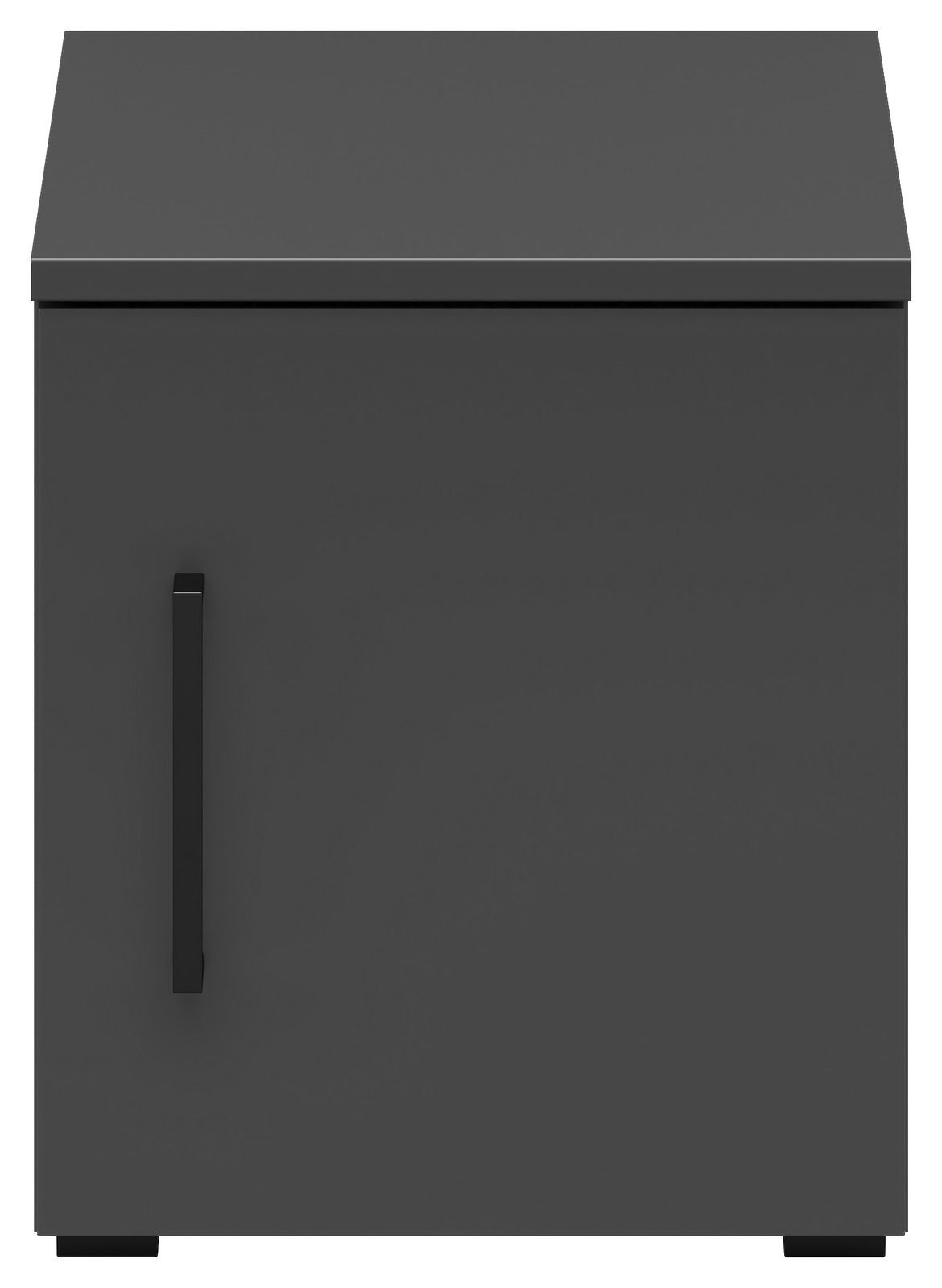 Grauer Aufsatzschrank mit schwarzem Griff, Frontalansicht