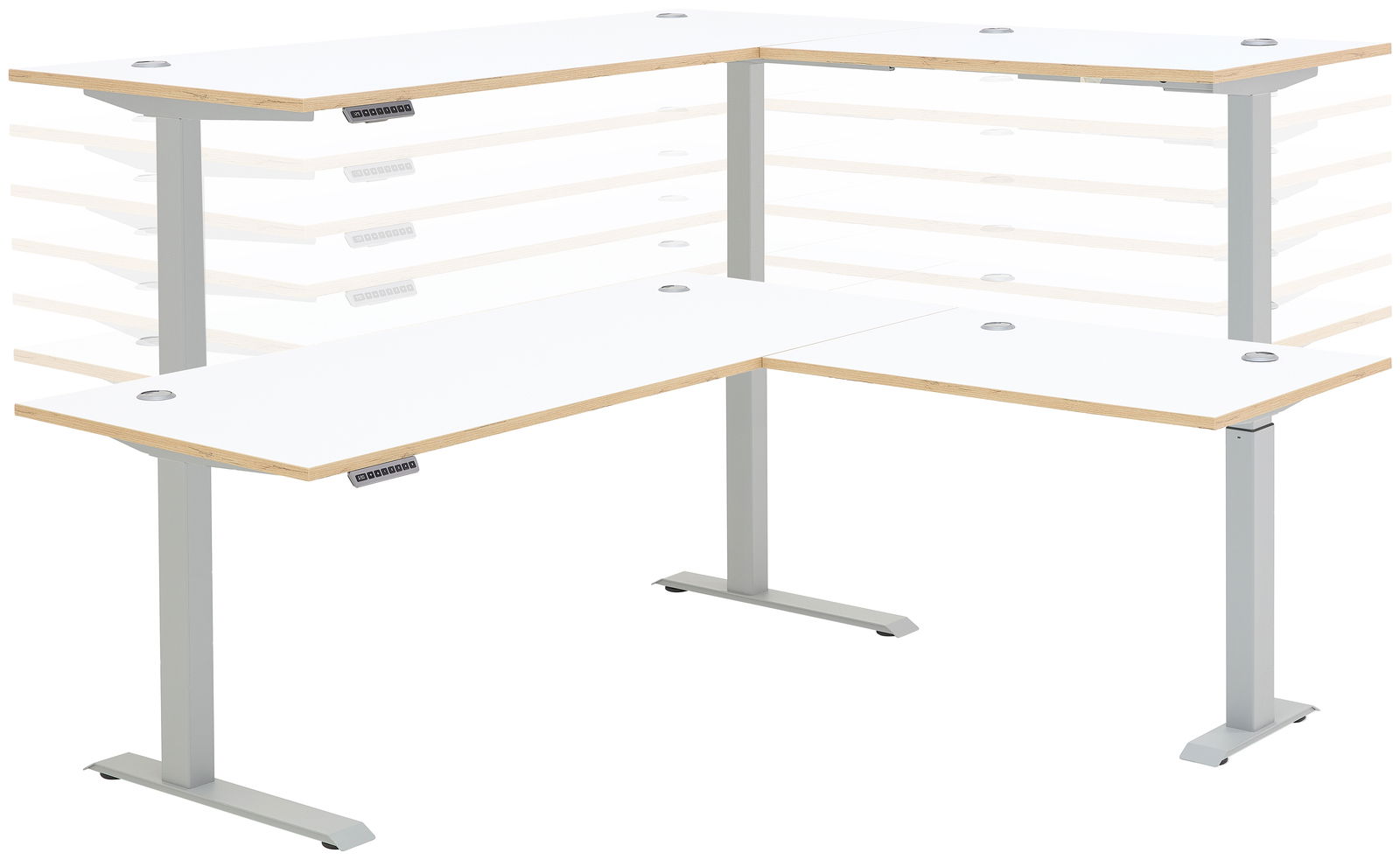 Moderner höhenverstellbarer E-Eckschreibtisch in L-Form, seitliche Perspektive