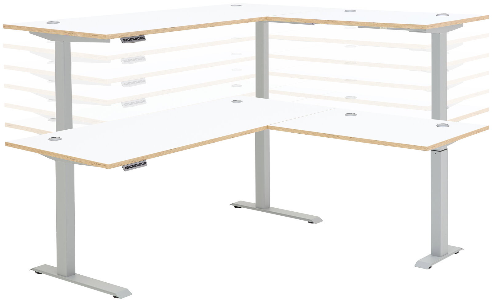 Moderner höhenverstellbarer E-Eckschreibtisch in L-Form, seitliche Perspektive