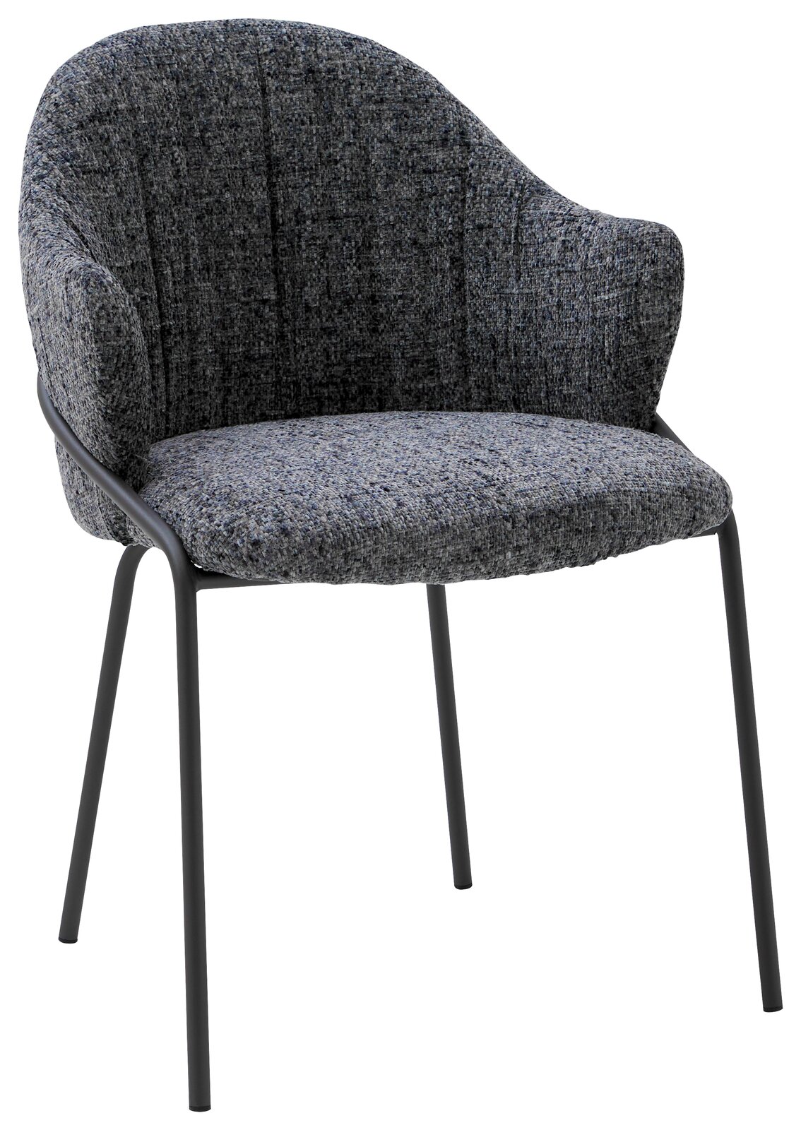 Grauer Armlehnstuhl mit gepolstertem Sitz und Rückenlehne, seitliche Perspektive