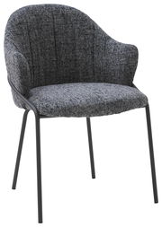 Grauer Armlehnstuhl mit gepolstertem Sitz und Rückenlehne, seitliche Perspektive