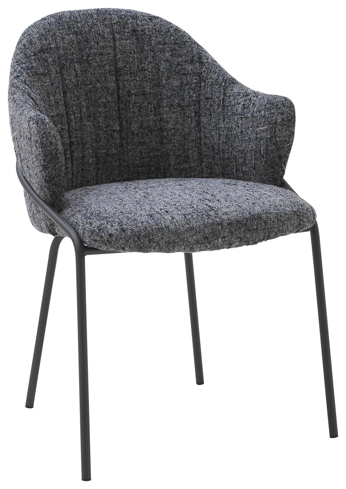 Grauer Armlehnstuhl mit gepolstertem Sitz und Rückenlehne, seitliche Perspektive