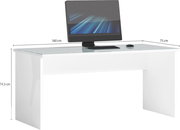 Moderner weißer Schreibtisch mit Glasplatte, 160 cm breit und 75 cm tief, mit Computer und Zubehör, seitliche Perspektive.