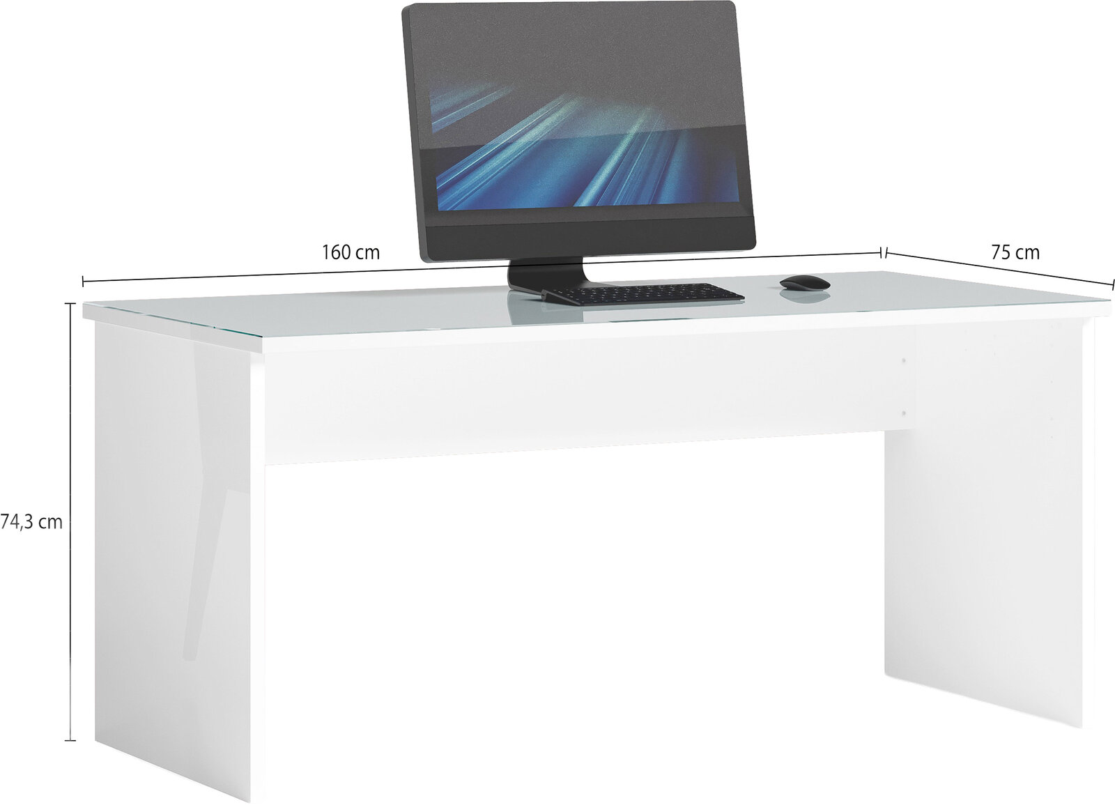 Moderner weißer Schreibtisch mit Glasplatte, 160 cm breit und 75 cm tief, mit Computer und Zubehör, seitliche Perspektive.