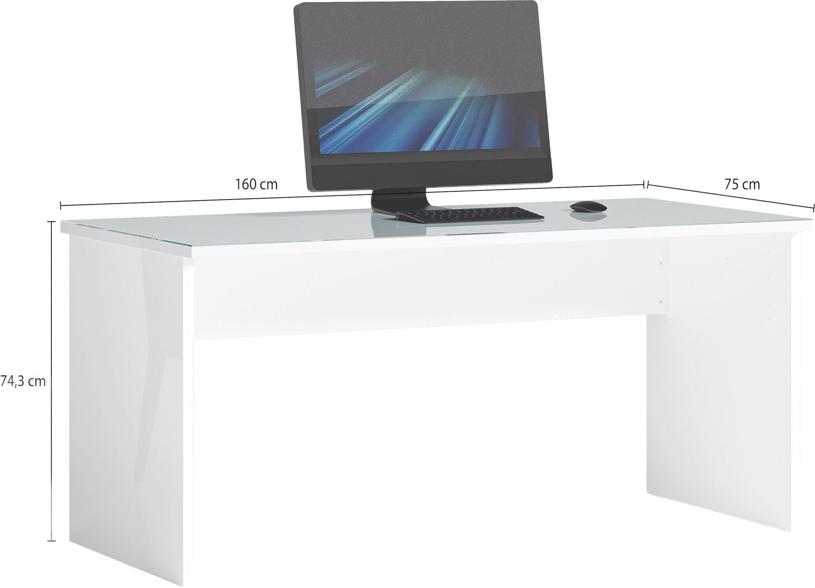 Moderner weißer Schreibtisch mit Glasplatte, 160 cm breit und 75 cm tief, mit Computer und Zubehör, seitliche Perspektive.