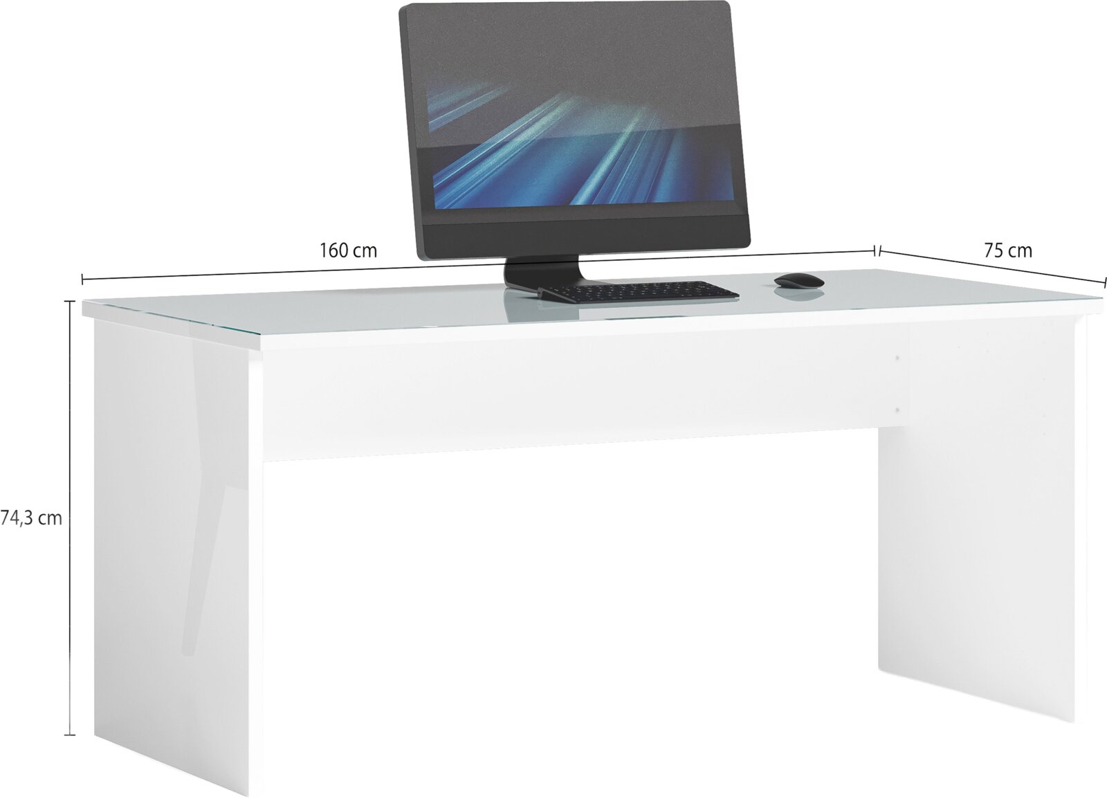 Moderner weißer Schreibtisch mit Glasplatte, 160 cm breit und 75 cm tief, mit Computer und Zubehör, seitliche Perspektive.