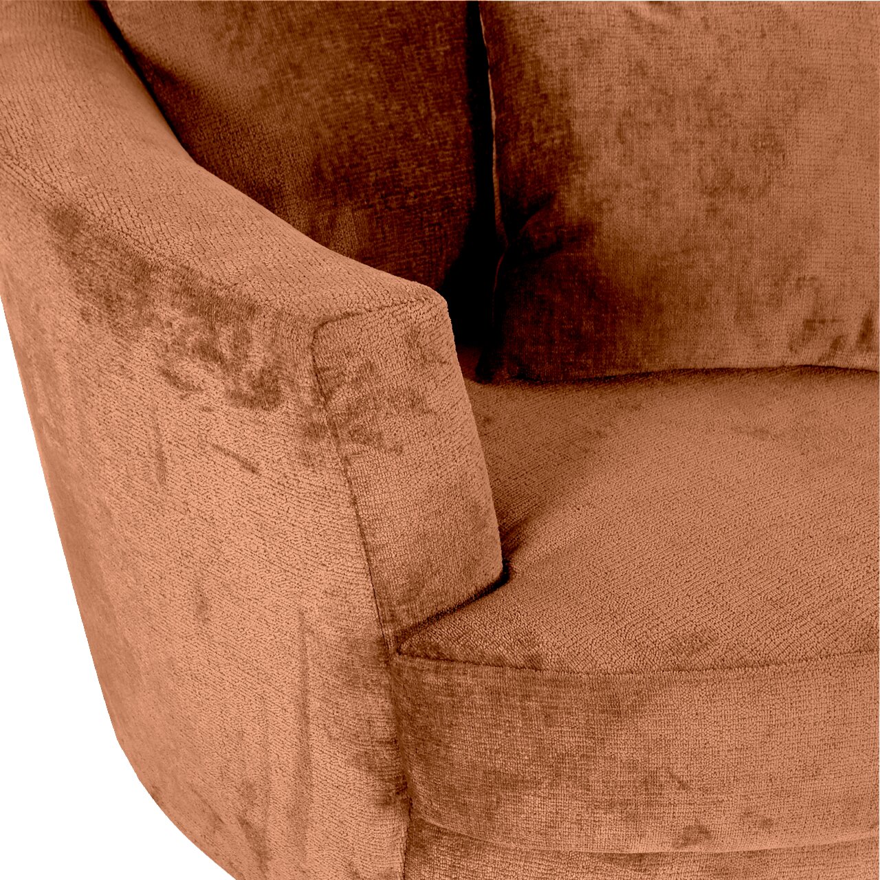 Z2 Sessel LENI Nahaufnahme eines Sessels in warmem Braunton mit weicher Textur und Kissen, seitliche Perspektive