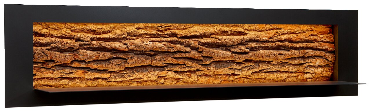 Wandpaneel mit rustikaler Holzoptik und integrierter Beleuchtung, seitliche Perspektive