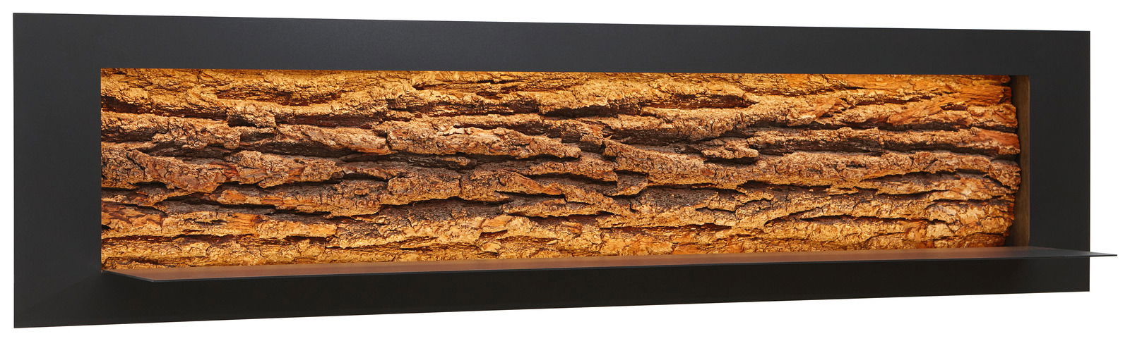 Wandpaneel mit rustikaler Holzoptik und integrierter Beleuchtung, seitliche Perspektive