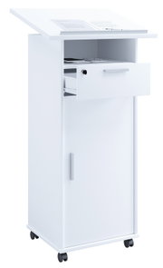 Weißes mobiles Stehpult mit schräger Schreibplatte, offener Schublade und Unterschrank auf Rollen, gezeigt in leichter Seitenansicht von vorn (3/4-Perspektive).