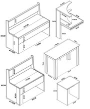 Technische Strichzeichnung eines Möbelsets mit zwei Sitzbänken (110×41,5×80 cm und 80×41,5×80 cm), einem Tisch (110×50×76 cm), einem Hocker (40×34×45 cm) und einem seitlichen Regal/Armlehnenmodul mit Maßangaben, dargestellt in isometrischer Perspektive.