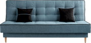 Frontale Ansicht eines blauen Schlafsofas mit zwei schwarzen Kissen.