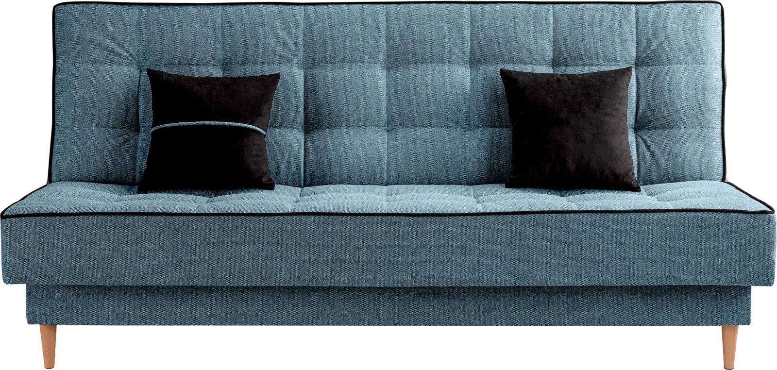 Frontale Ansicht eines blauen Schlafsofas mit zwei schwarzen Kissen.