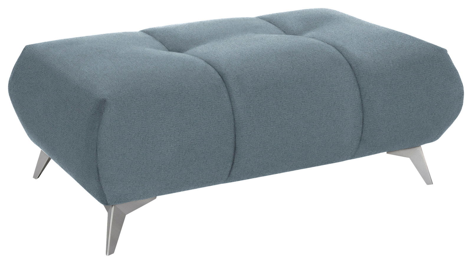 Graue Hockerbank mit gepolstertem Stoffbezug und modernen Metallbeinen, seitliche Perspektive