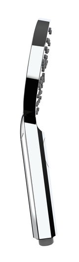 Moderner Duschkopf in seitlicher Perspektive mit glänzendem Chrom-Finish und mehreren Düsen.