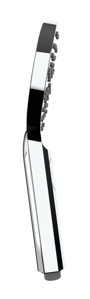 Moderner Duschkopf in seitlicher Perspektive mit glänzendem Chrom-Finish und mehreren Düsen.