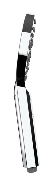 Moderner Duschkopf in seitlicher Perspektive mit glänzendem Chrom-Finish und mehreren Düsen.