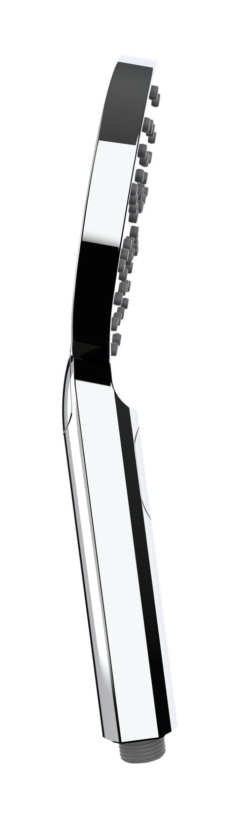 Moderner Duschkopf in seitlicher Perspektive mit glänzendem Chrom-Finish und mehreren Düsen.