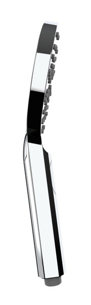 Moderner Duschkopf in seitlicher Perspektive mit glänzendem Chrom-Finish und mehreren Düsen.